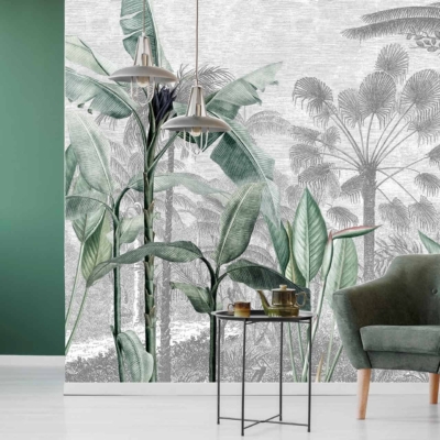 The wall mural in the modern living room showcases lush, detailed drawings of tropical palms and plants. These elements are reminiscent of KZN, featuring various shades of green. The design may include intricate leaf patterns and possibly some earth-toned accents to bring out the natural look.
