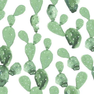 Wallpaper features green watercolor cactus plants with oval pads and white spots, inspired by the Klein Karoo. Set against a white background, the cacti are evenly spaced, forming a consistent repeating pattern. Elements: green cacti, oval pads, white spots, white background.