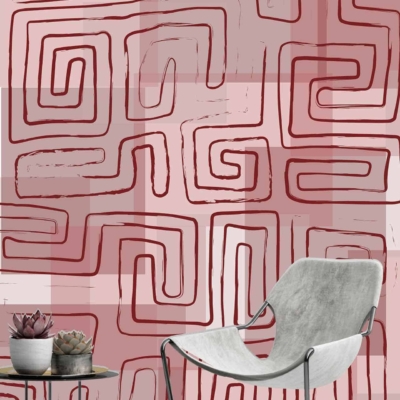Wallpaper features:
- Bold red geometric labyrinth pattern
- Inspired by Kuba designs
- Light background for striking visual contrast
