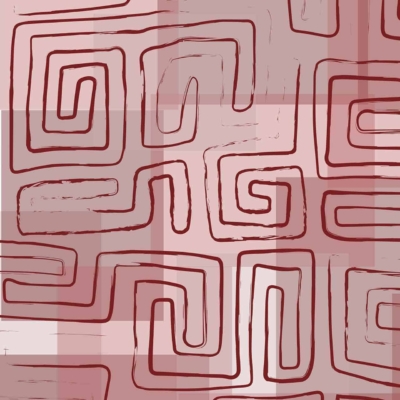 Abstract wallpaper featuring a hand-drawn, sketch-like Kuba art design. The pattern includes red, irregular interconnected spirals and rectangles overlaid on varying shades of red and pink squares. Elements: red spirals, irregular rectangles, hand-drawn appearance, shades of red and pink squares.