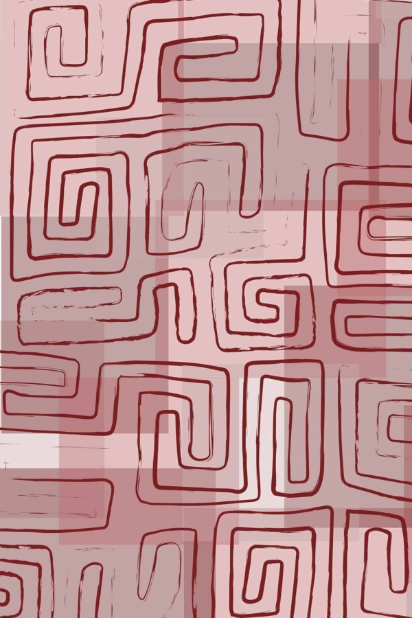 Abstract wallpaper featuring a hand-drawn, sketch-like Kuba art design. The pattern includes red, irregular interconnected spirals and rectangles overlaid on varying shades of red and pink squares. Elements: red spirals, irregular rectangles, hand-drawn appearance, shades of red and pink squares.