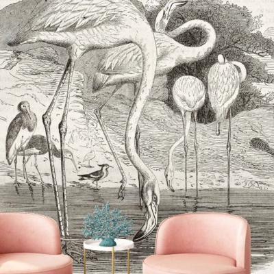 The wall mural displays vintage illustrations of flamingos in a natural setting, featuring detailed trees and serene water elements. The colors include soft pinks from the flamingos, lush greens from the trees, and calm blues for the water.