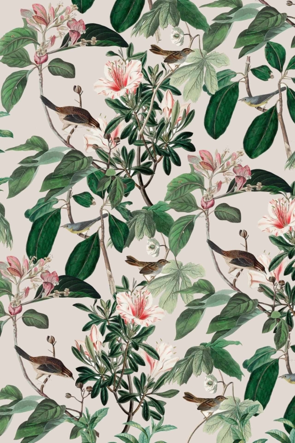 A seamless wallpaper pattern featuring birds perched on branches amid lush green leaves and blooming pink flowers. Intricate illustrations of foliage and fauna are set against a light beige background, showcasing nature's beauty. The design highlights serene natural elements in vibrant colors, perfect for creating a peaceful ambiance.