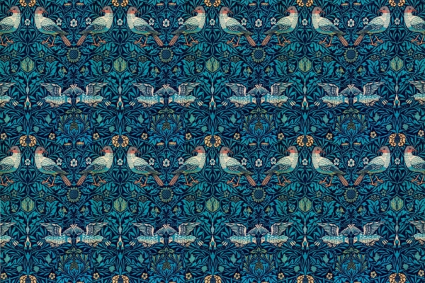 Intricate wallpaper pattern featuring pairs of birds, winged animals, and foliated designs. Harmonious teal, blue, and green hues. Symmetrical layout with repeating motif. Detailed, stylized natural elements inspired by Leicester's artistic heritage.