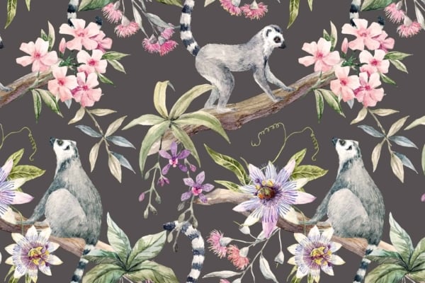 Lemurs with long, striped tails on branches, blooming hibiscus flowers, lush green leaves, dark grey background, vibrant botanical illustrations.