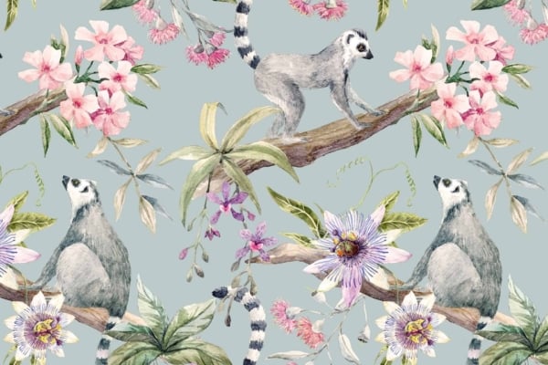 Seamless wallpaper pattern with lemurs perched on tree branches, surrounded by vibrant pink and purple hibiscus flowers, and lush green leaves. Detailed naturalistic style against a light green background. Elements include lemurs, tree branches, hibiscus flowers, and green leaves; colors feature pink, purple, green, and light green.