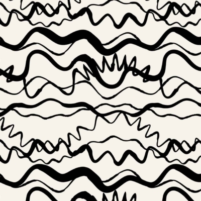 A pattern of wavy black lines on a white background. The lines vary in thickness, frequency, and style. The design is abstract and chaotic with undulating motion, creating a dynamic and energetic effect. Elements include varying line thicknesses, frequencies, styles; colors are black and white.