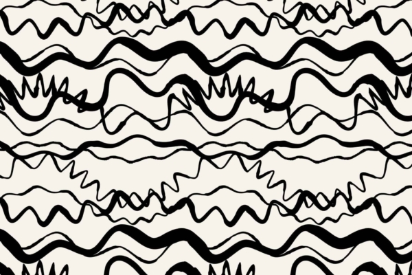 A pattern of wavy black lines on a white background. The lines vary in thickness, frequency, and style. The design is abstract and chaotic with undulating motion, creating a dynamic and energetic effect. Elements include varying line thicknesses, frequencies, styles; colors are black and white.