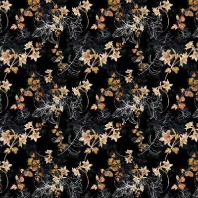 Wallpaper description: A seamless pattern with delicate flowers featuring intricate, white outlines and detailed, shaded blooms in autumn tones of orange and yellow on a black background. The richly layered design creates depth and complexity.