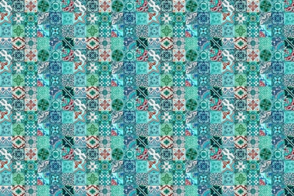 Discover a vibrant, intricate patterned tile design inspired by Lisbon. This wallpaper features an engaging mix of geometric shapes and floral motifs, boasting a color palette of shades including turquoise, blue, green, with accents of red and white. Perfect for adding a visually striking and repetitive mosaic to any space.