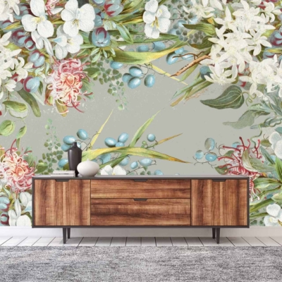 Vibrant floral wallpaper featuring white flowers, blue berries, and green leaves.
