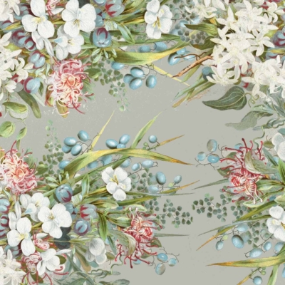 A detailed floral wallpaper pattern displays clusters of white flowers, red blossoms, green leaves, and blue berries intricately arranged against a light gray background. The design showcases a lush, vibrant, and symmetrical arrangement, perfect for evoking a sense of spring longing. Key elements: white flowers, red blossoms, green leaves, blue berries, light gray background.