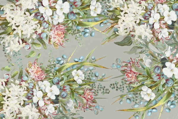 A detailed floral wallpaper pattern displays clusters of white flowers, red blossoms, green leaves, and blue berries intricately arranged against a light gray background. The design showcases a lush, vibrant, and symmetrical arrangement, perfect for evoking a sense of spring longing. Key elements: white flowers, red blossoms, green leaves, blue berries, light gray background.
