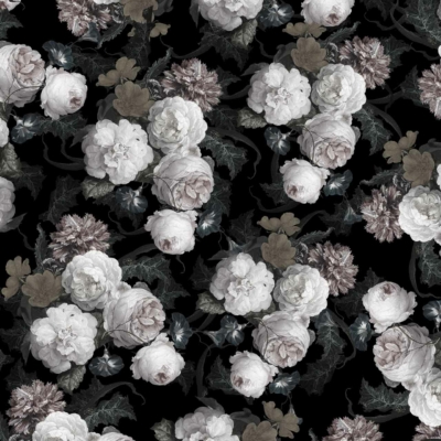 Dark floral wallpaper with white and pale grey roses, peonies, and chrysanthemums alongside greenish-grey leaves on a black background. Dreamy twilight garden design, balanced and elegant.