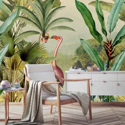 The room features a tropical jungle-themed wall mural with elements such as large green leaves, a prominent pink flamingo, and an animated monkey. The colors in the wallpaper include vibrant greens for the leaves, striking pink for the flamingo, and natural tones for the monkey.
