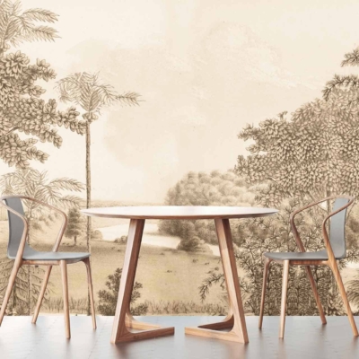 Monochromatic wallpaper, large wall mural, detailed landscape, trees, foliage, serene vistas, Louisiana-inspired scenery.