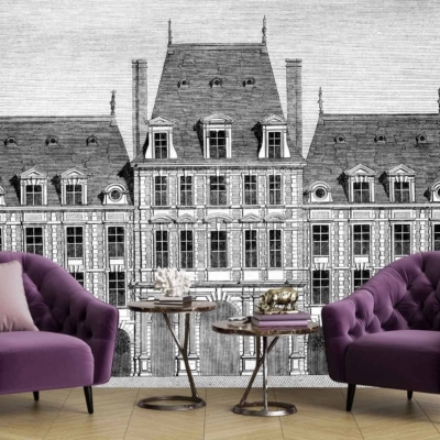 The wallpaper features a detailed black-and-white architectural sketch of a grand historic building. Elements include intricate facades, windows, and columns that evoke classic design. The monochromatic palette emphasizes shades of black, white, and gray, creating an elegant and inviting atmosphere reminiscent of