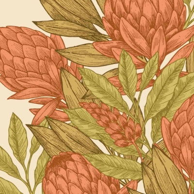 Illustration of a wallpaper featuring a cluster of stylized flowers and leaves on the lower slopes. Large flowers with overlapping petal-like segments in warm tones of red and orange create a vibrant focal point. The elongated leaves in shades of green and beige add contrast and harmony, resulting in an elegant, nature-inspired design. Key elements: stylized flowers, overlapping petals, warm red and orange tones, elongated leaves, green and beige shades.