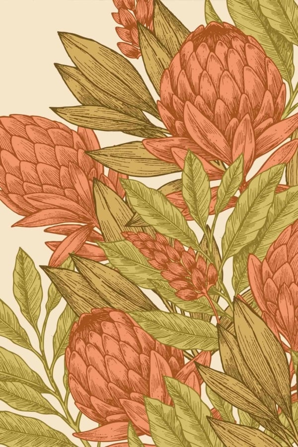 Illustration of a wallpaper featuring a cluster of stylized flowers and leaves on the lower slopes. Large flowers with overlapping petal-like segments in warm tones of red and orange create a vibrant focal point. The elongated leaves in shades of green and beige add contrast and harmony, resulting in an elegant, nature-inspired design. Key elements: stylized flowers, overlapping petals, warm red and orange tones, elongated leaves, green and beige shades.