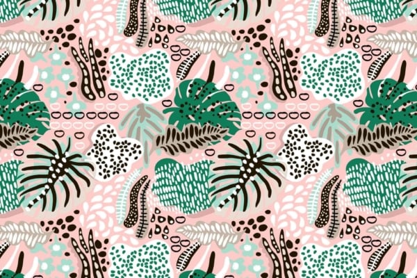 Seamless pattern with abstract tropical elements: green and teal leaves, black and white dotted shapes, coral pink accents, various organic forms on a light pink background. Vibrant and lively composition. "Lucky Me.