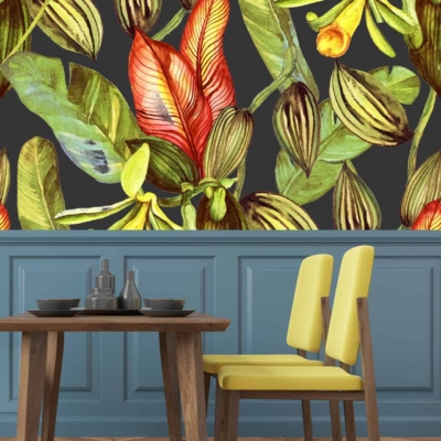 Vibrant botanical wallpaper with large colorful leaves and flowers on a dark background.