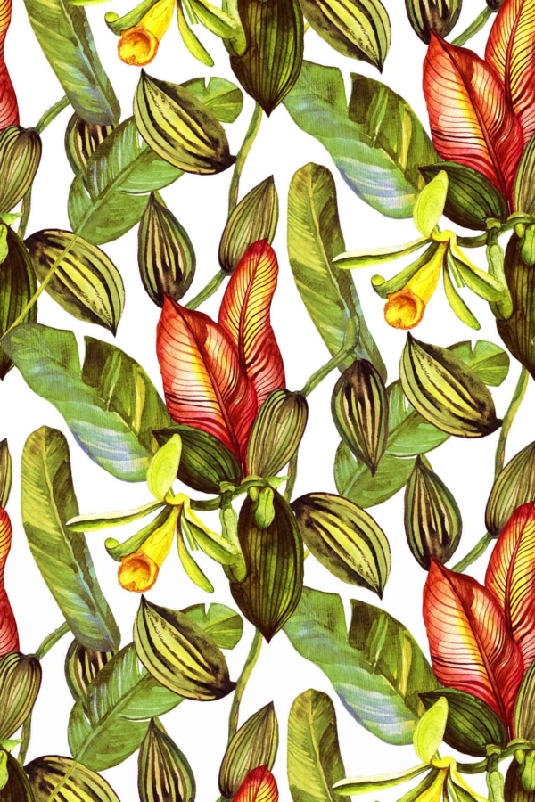 Seamless pattern features vibrant tropical flowers with red, green, and yellow petals, accompanied by large green leaves against a white background. The design showcases densely packed elements with overlapping flowers and leaves, creating an intricate arrangement reminiscent of a dense jungle lair. Key elements: tropical flowers, vibrant colors, red petals, green petals, yellow petals, large green leaves.