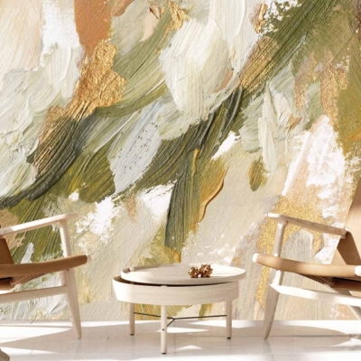 Wallpaper features abstract art with earthy tones: green, beige, white, gold brushstrokes.