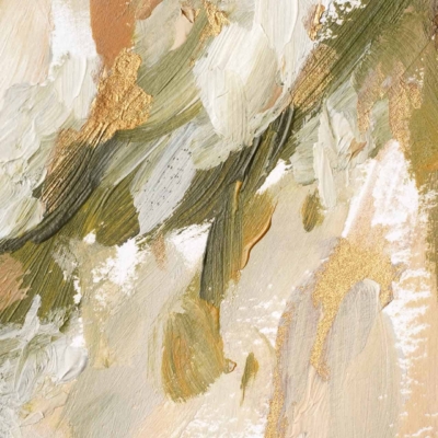 An abstract wallpaper features a blend of earthy tones including beige, white, green, and gold. Thick, textured brushstrokes evoke movement and depth reminiscent of ancient landscapes.