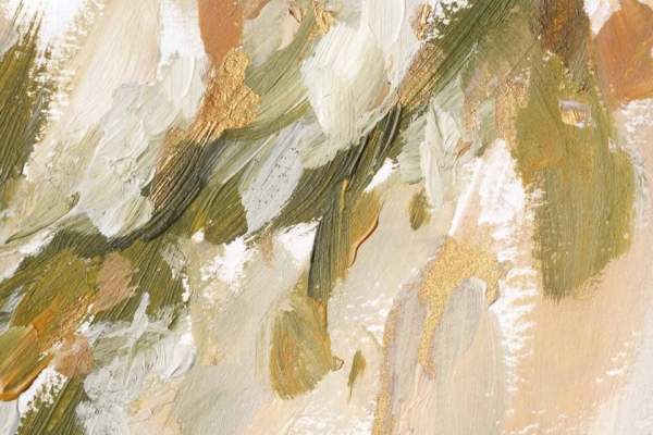 An abstract wallpaper features a blend of earthy tones including beige, white, green, and gold. Thick, textured brushstrokes evoke movement and depth reminiscent of ancient landscapes.