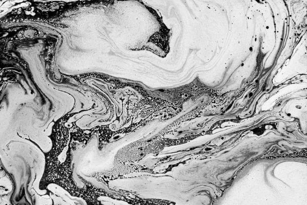 Abstract black and white marble swirl wallpaper; features intricate swirling lines, dense speckling, smooth wavy sections, fluid design.