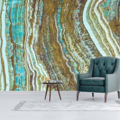 Intricate teal and brown agate-patterned mural from Marmala; striking, colorful accent wall. Elements: swirls, bands, and layers in teal, brown, blue hues.