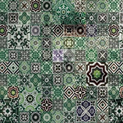 A detailed and intricate tile pattern featuring a variety of geometric and floral designs in shades of green, black, and white. This wallpaper is reminiscent of the vibrant mosaics seen in Marrakech. Each unique tile adds to a visually complex mosaic. The predominantly green palette includes occasional hints of maroon and orange, interwoven with elements like star shapes, arabesques, hexagons, and vines for an ornate design.