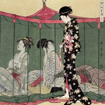 The wallpaper features a traditional Japanese design with intricate patterns. Dominant colors include red and white from the draped canopy, along with black floral elements. The wallpaper captures elegance and subtlety, reminiscent of the aesthetic in *Memoirs of a Geisha*.