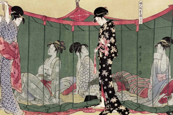 The wallpaper features a traditional Japanese design with intricate patterns. Dominant colors include red and white from the draped canopy, along with black floral elements. The wallpaper captures elegance and subtlety, reminiscent of the aesthetic in *Memoirs of a Geisha*.