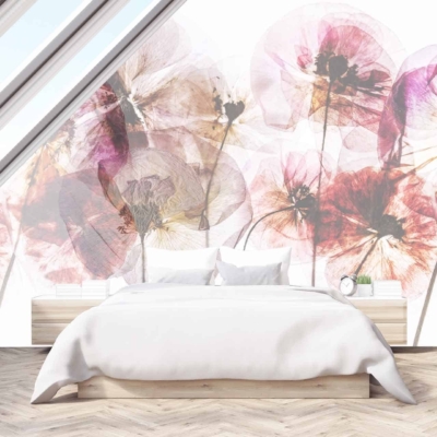Floral mural wallpaper, large colorful flowers, vibrant touch, minimalist decor.
