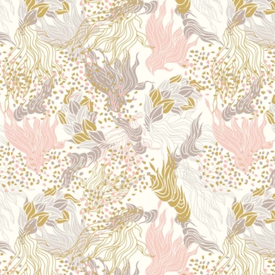 Seamless pattern with abstract, flowing shapes in pastel pink, gray, and gold. Design includes intricate botanical elements and soft clusters of dots. Evokes graceful waves and enchanting mermaid's underwater beauty. Perfect for wallpaper search: pastel hues, abstract shapes, swirling botanical elements, delicate appearance.