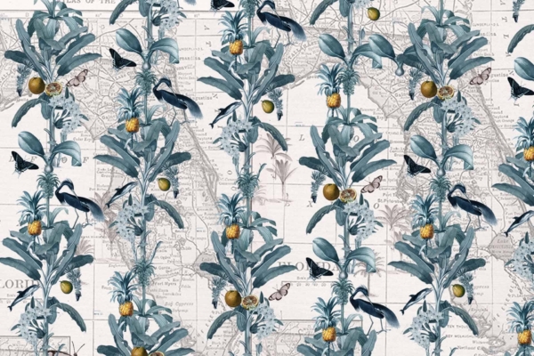 Vintage wallpaper with repeating tropical plants, blue-green leaves, pineapples, birds against faded map background. Butterflies among foliage and fauna. Features city names like Miami Beach.