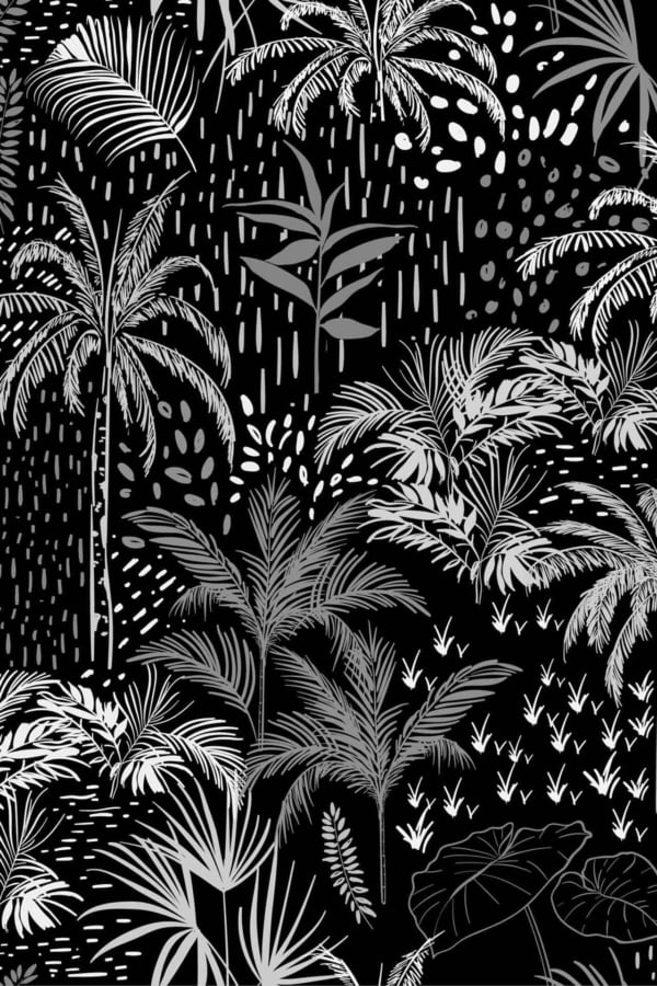 Monochrome tropical design, mid-life serenity, palm leaves, ferns, black, white, gray shades, abstract raindrop patterns, dense rainforest ambiance.