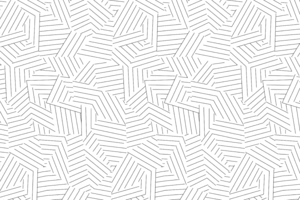 The image features a complex black and white geometric wallpaper pattern. It consists of diagonal, straight lines creating interconnected, irregular polygons. The design is repetitive, symmetrical, and gives a sense of movement and depth. Colors are strictly black and white.