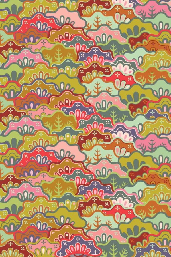 Intricate, colorful wallpaper pattern featuring abstract shapes and organic designs. Bright colors include red, green, yellow, pink, and blue. Shapes resemble leaves, flowers, and tree branches interwoven throughout—vibrant artistic flair reminiscent of Missouri girl's style.
