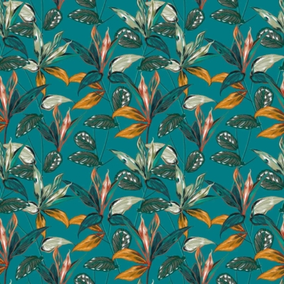 A seamless wallpaper pattern featuring intricately drawn tropical leaves and flowers in shades of green, orange, and white against a teal background. The design showcases dense clusters of foliage with vibrant momentum and a lively appearance.
Elements: Tropical leaves, flowers
Colors: Green, orange, white, teal
