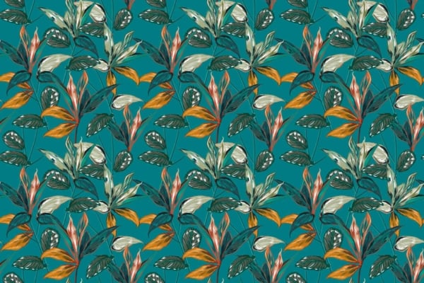 A seamless wallpaper pattern featuring intricately drawn tropical leaves and flowers in shades of green, orange, and white against a teal background. The design showcases dense clusters of foliage with vibrant momentum and a lively appearance.
Elements: Tropical leaves, flowers
Colors: Green, orange, white, teal