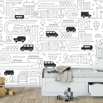 The children's bedroom wallpaper is monochrome with a playful pattern that includes roads, vehicles, and buildings.
