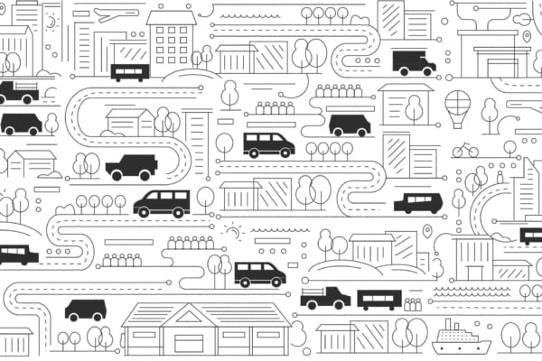A seamless black-and-white wallpaper pattern showcasing various transportation modes and urban elements. Features cars, buses, trucks, bicycles, a hot air balloon, and a boat. Includes buildings, trees, and interconnected streets to depict a bustling city scene.