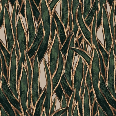 Intricate wallpaper pattern showcasing tall, green and brown leaves with textured details. Leaves are densely arranged in an overlapping manner. Background is a light, muted color that enhances the vibrant foliage. The design reflects complexity similar to family relationships and in-law dynamics.