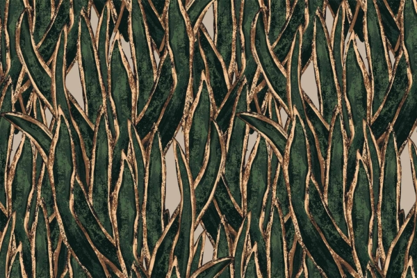 Intricate wallpaper pattern showcasing tall, green and brown leaves with textured details. Leaves are densely arranged in an overlapping manner. Background is a light, muted color that enhances the vibrant foliage. The design reflects complexity similar to family relationships and in-law dynamics.