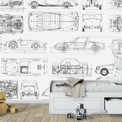 The wallpaper features detailed vintage car blueprints in monochrome colors, reminiscent of a Motor Museum. Key elements include intricate sketches of classic automobiles with fine lines and labels. The overall color palette is primarily grayscale with a clean, technical look.