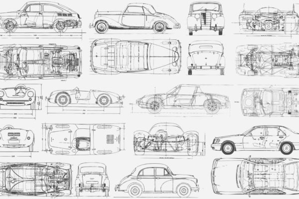 The wallpaper features a detailed technical drawing of classic car models sketched from multiple angles, including side, top, front, and rear views. The intricate designs and mechanical layouts are highlighted against a cream-colored background. Elements in the wallpaper include fine graphite lines showcasing various parts and structures of the vehicles, delicate shading to emphasize depth and form, and subtle annotations. The color palette is primarily monochrome with hints of sepia tones to evoke a vintage feel. Key search elements: classic car models, technical drawing, multi-angle sketches, cream background, graphite lines, sepia tones.