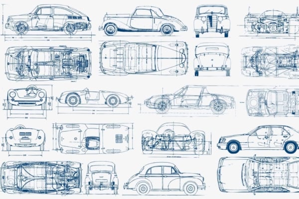 A detailed blueprint collage wallpaper featuring various car designs from multiple angles. Technical drawings include side views, top views, and internal structures. Depicts classic and modern automobile models in a meticulous schematic style. Predominantly uses shades of blue and white, with fine lines, grid patterns, and labeled components for each vehicle design. Ideal for motor museum display settings.