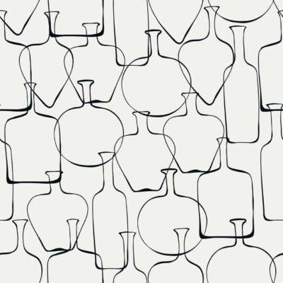 An abstract pattern featuring continuous, minimalist line drawings of various bottle and vase shapes on a light background, reminiscent of Mr. May's style. The seamless wallpaper design uses black lines in an overlapping arrangement, creating a modern and artistic feel. Key elements: continuous line drawings, bottle shapes, vase shapes, light background, black lines.